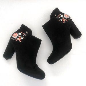 Black Suede Floral Detail Booties